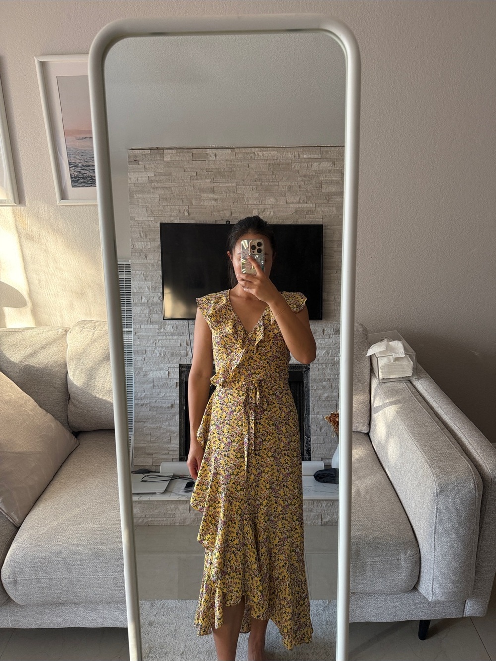 Max Studio Yellow Floral Ruffle Wrap Midi Dress